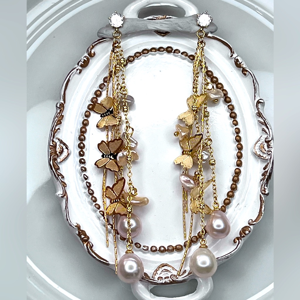 Handmade Freshwater Pink Pearl Keshi Pearl Butterfly Long Dangle Earrings